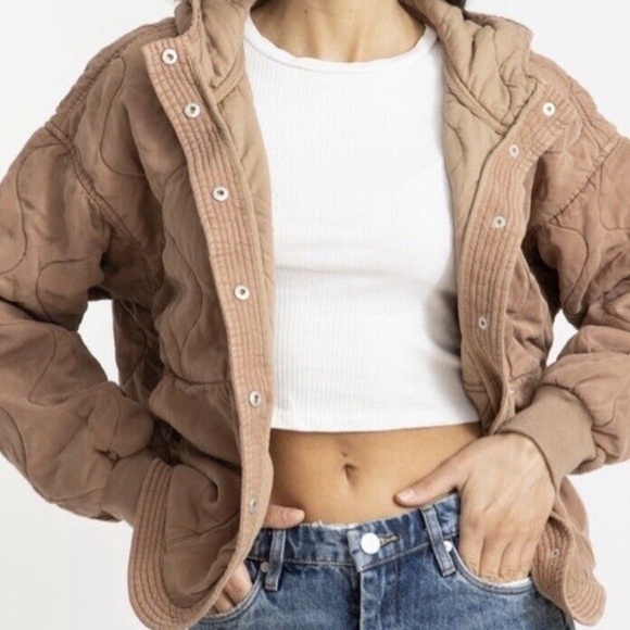 Blank NYC Light Brown Quilted Bomber Jacket with Hood - Picture 1 of 7